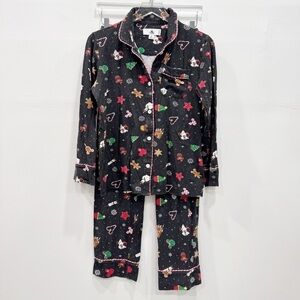 Disney Parks Printed Pajama Set Button Down Shirt Pants Black Small